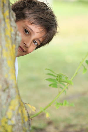 Young boy playing peek a boo around a treeの写真素材