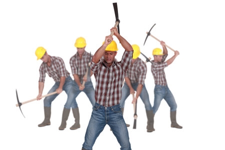 Photo-montage of a laborer using pickaxe