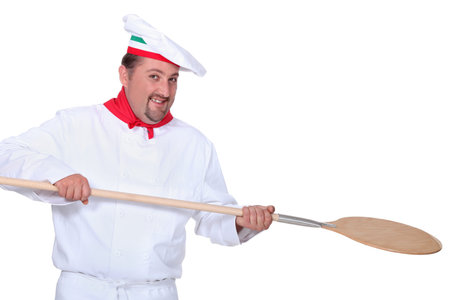pizza chef holding a pizza loading pealの写真素材