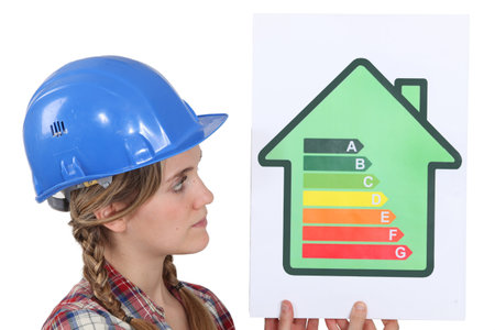 Female housebuilder with an energy rating signの写真素材
