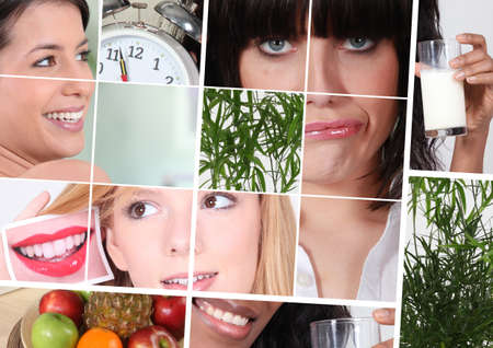 Mosaic of woman having breakfastの写真素材