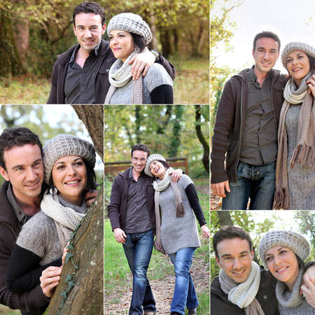 Couple walking through the woods in autumnの写真素材