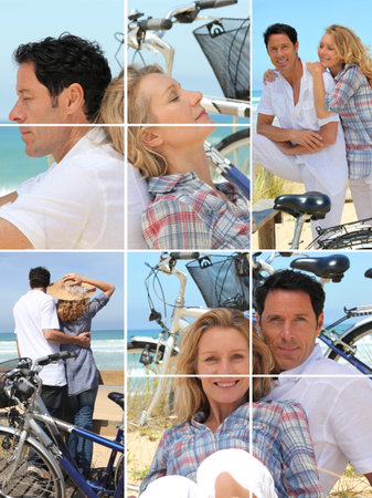 Collage of a couple with bikes by the seaの写真素材