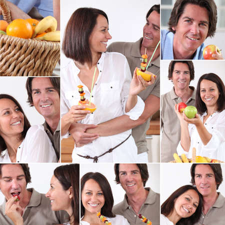 Montage of couple with fruitの写真素材
