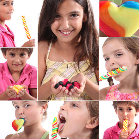 Montage of children eating sweetsの写真素材