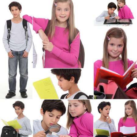 Montage of little boy and girl with rucksacksの写真素材