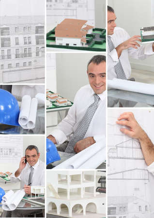 Mosaic of architect hard at work in his officeの写真素材