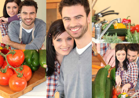 Couple preparing vegetables in kitchenの写真素材