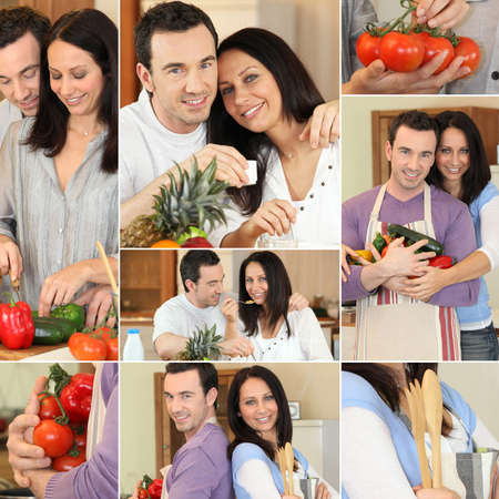 Couple cooking collageの写真素材