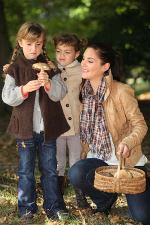 Mother and daughters picking mushroomsの写真素材