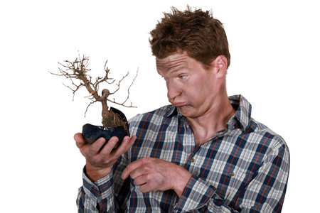 Electrocuted man holding a plant