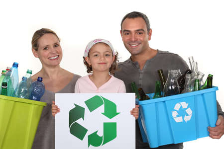 Family recycling bottlesの写真素材