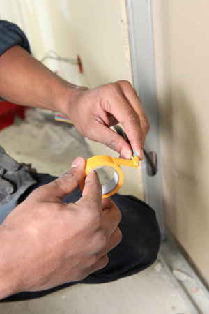 Worker with yellow adhesive tape