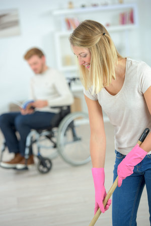 Blond woman cleaning