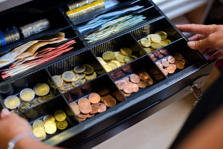 Open cash till containing Eurosの写真素材