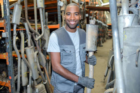 laborer posing the garageの写真素材