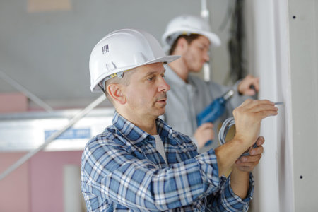 men drilling the wall with drill perforatorの写真素材