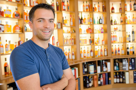 Portrait of man in alcohol storeの写真素材