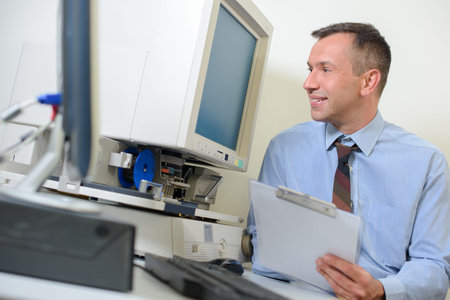 Man looking at computer monitor and smiling