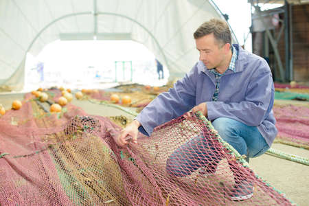 fixing the fishing netの写真素材