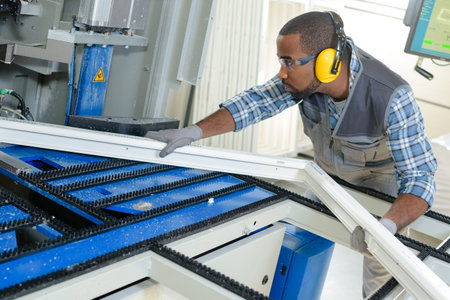 Man manufacturing upvc frameの写真素材