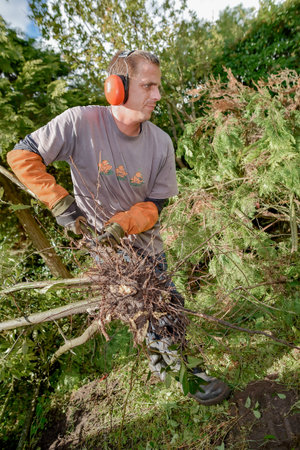 Gardener using a chainsaw