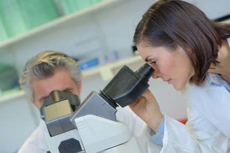 Woman looking into microscopeの写真素材