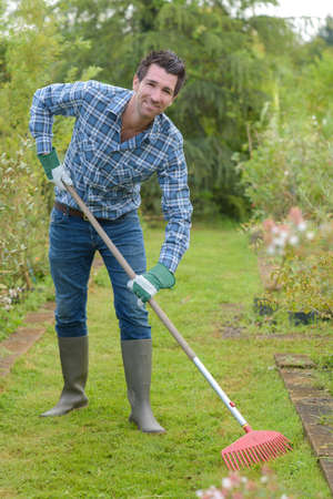 Man raking lawnの写真素材