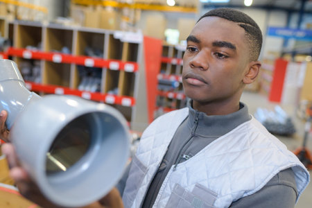 young plumber holding platic pipeの写真素材