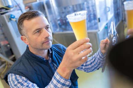 brewer testing beer at brewery factoryの写真素材