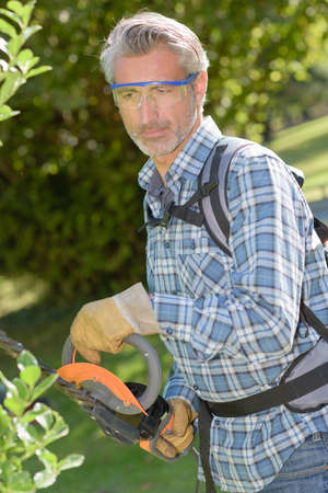 using an electric chainsawの写真素材