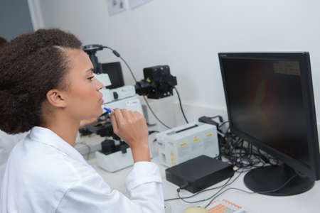 Female scientist looking at computer screenの写真素材