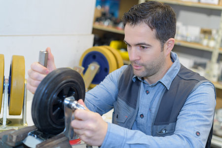 mechanic checking car wheel rim