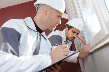 man installing cassette roller blinds on windowsの写真素材
