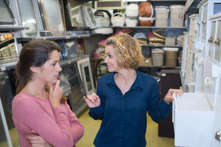two female customers choosing items for houseの写真素材