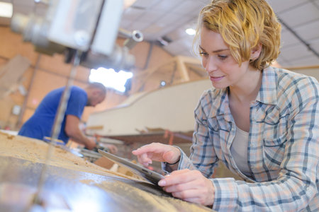 portrait of female carpenters with digital tablet in workshop