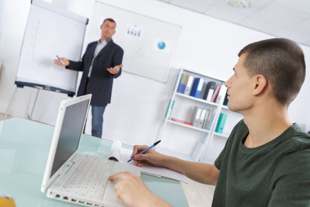 teacher on white board and student in classroom