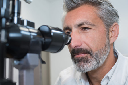 ophthalmologist examining womans eyes with modern equipment