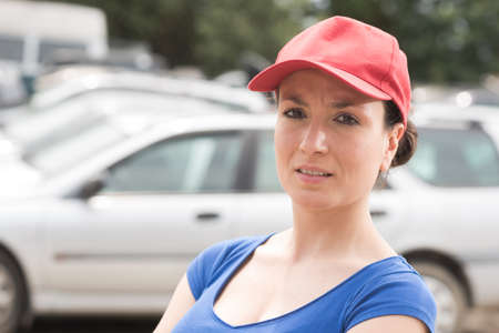woman in car parkの写真素材