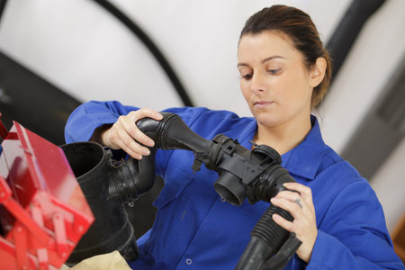 young female fixing a mechanical part in a workshop