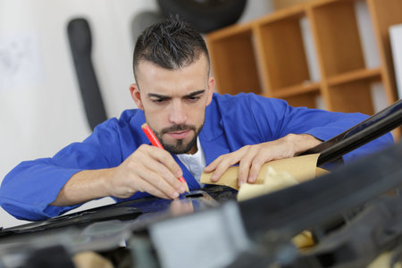 young engineer marking position with pencil