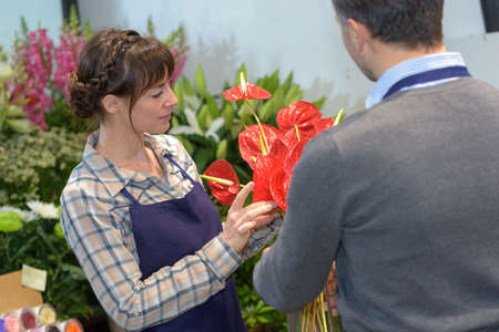 male and female florists working in greenhouseの写真素材