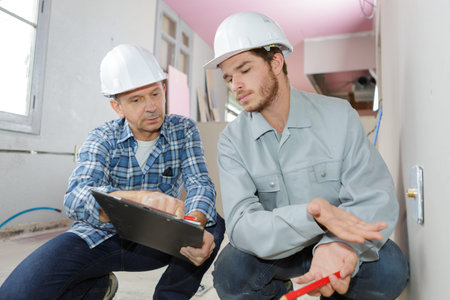 building engineers in hard hat thinking and writing on clipboard