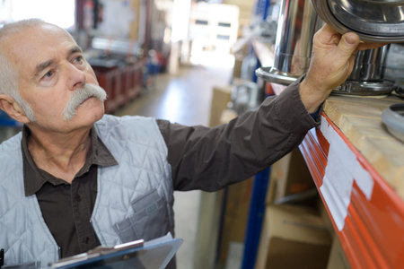 senior worker looking up in warehouse