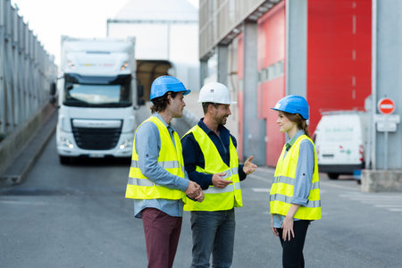men and woman in hardhats with tablet pc outdoors