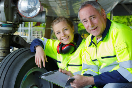 male and female aviation mechanics checking aircraft landing gear