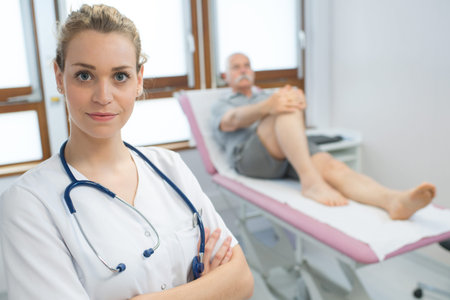 doctor posing with the patient at the background