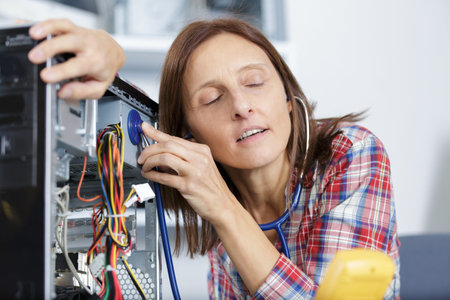woman taking care of a pc