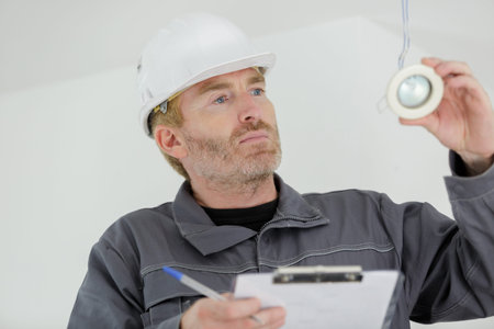 mid-adult man fixing light bulb wiring in new house