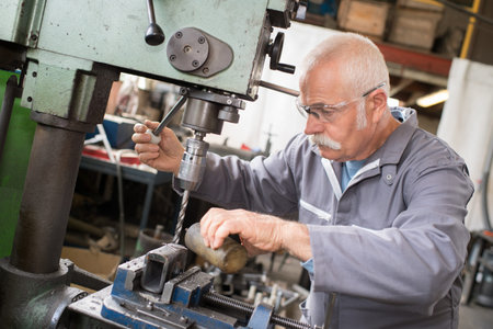 senior metal worker using industrial drilling machine in workshop